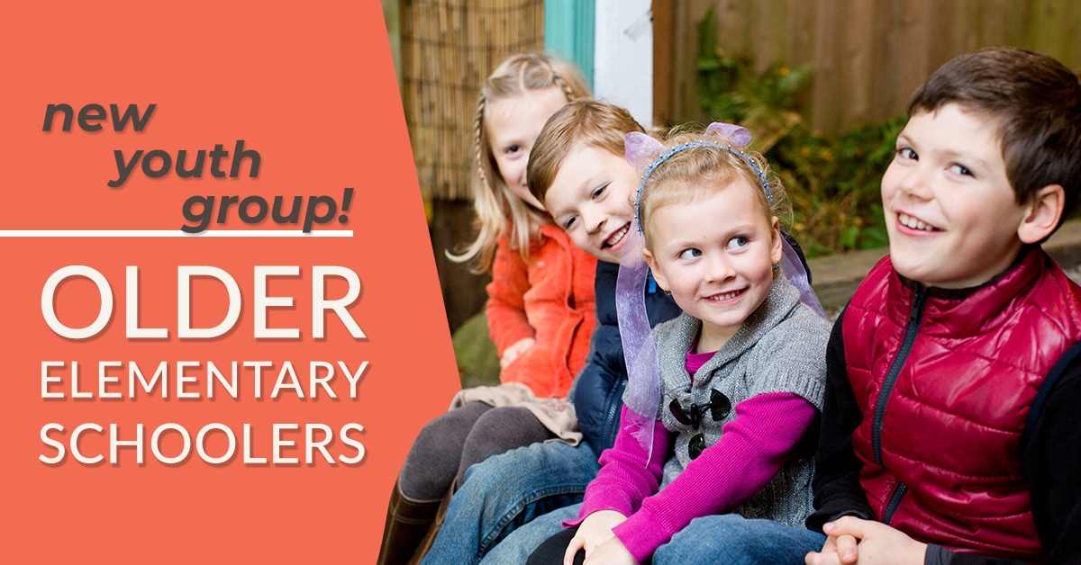 4 smiling kids next to a red block of text that says "new youth group! older elementary schoolers