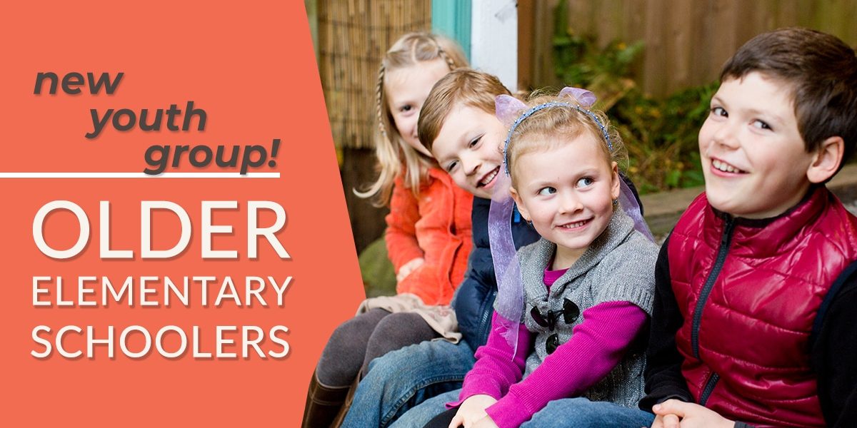 4 smiling kids next to a red block of text that says "new youth group! older elementary schoolers